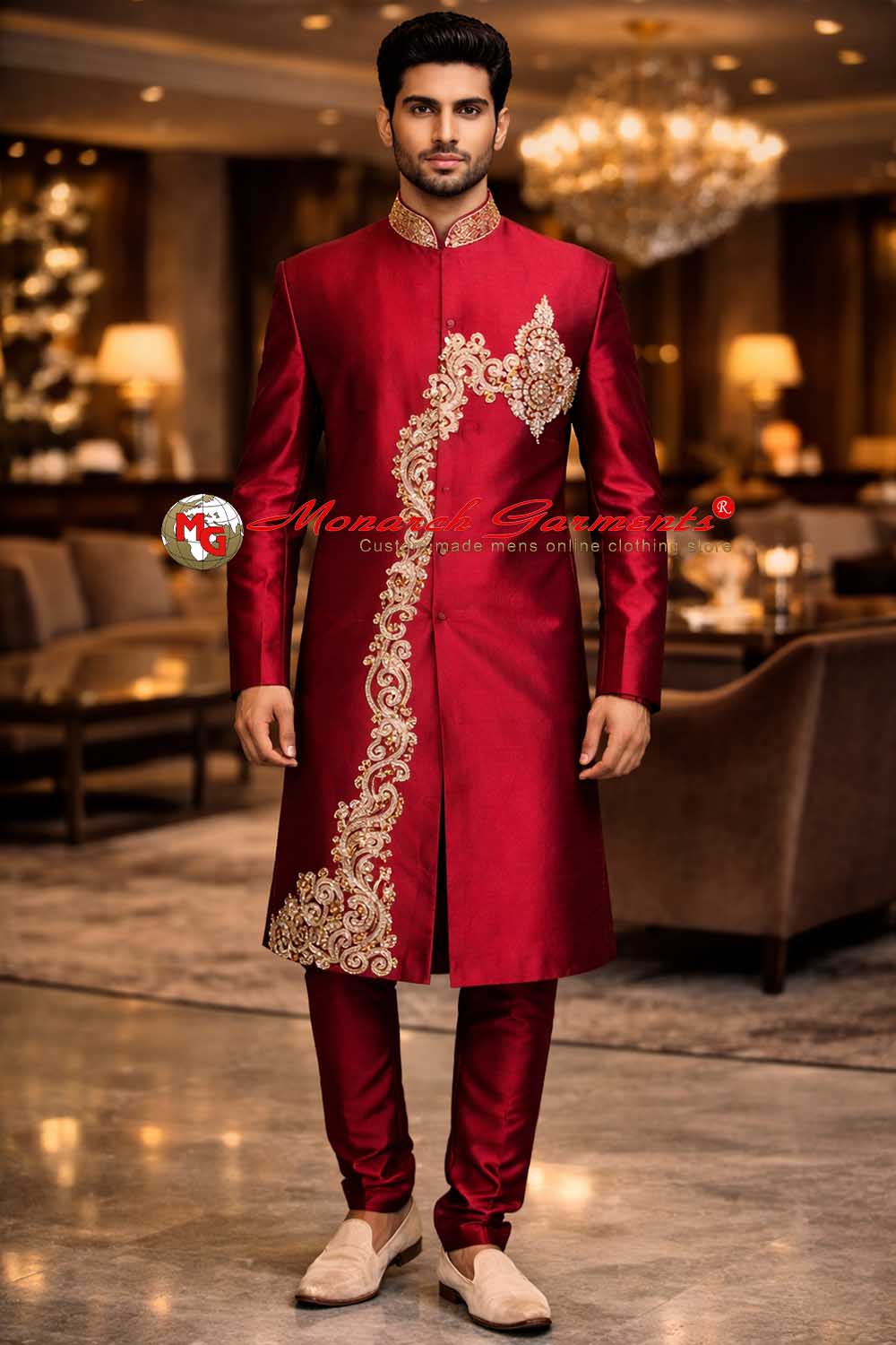 Men's maroon pure silk Bollywood designer wedding sherwani with hand embroidery by Monarch Garments