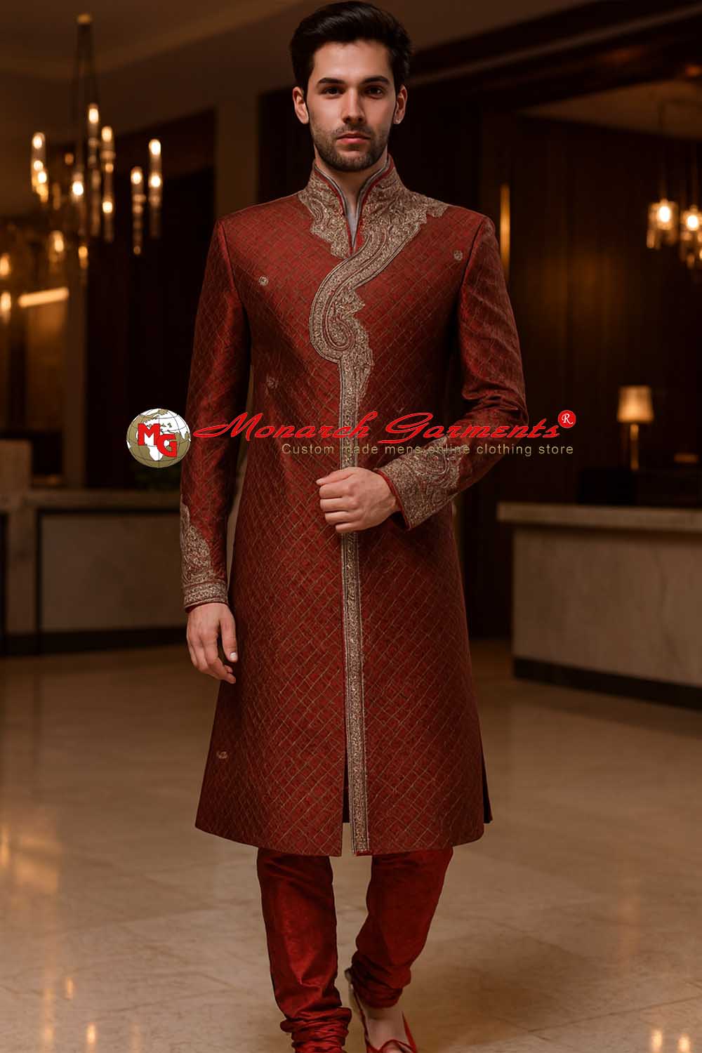Maroon brocade Indo western sherwani for men with embroidery wedding wear