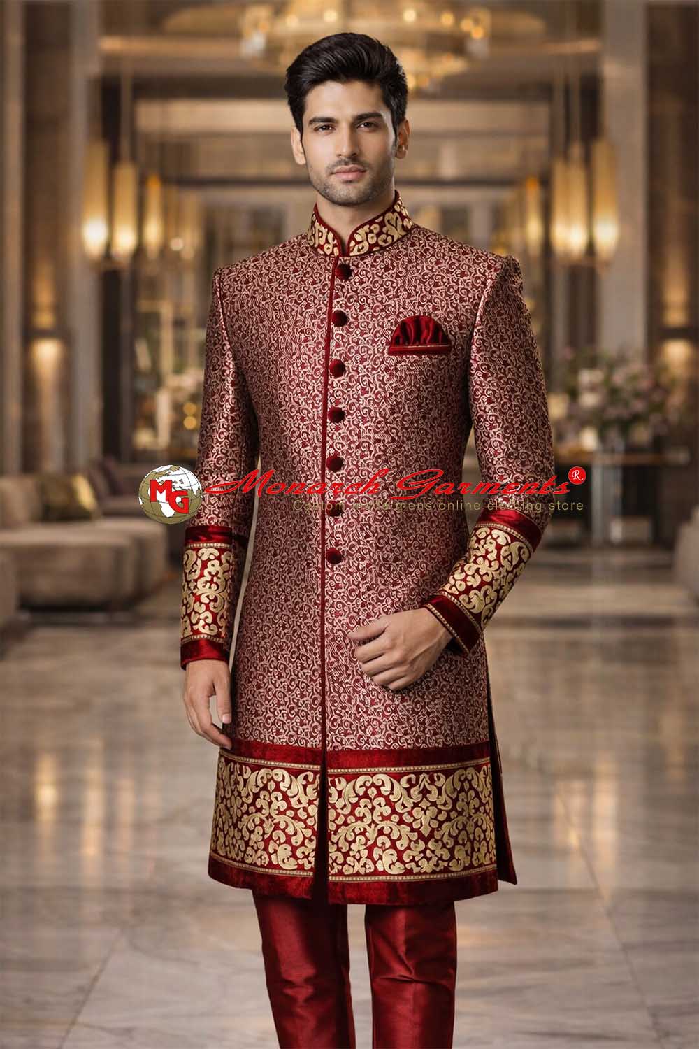 Maroon Indo Western sherwani for men with velvet piping and trouser for engagement wear