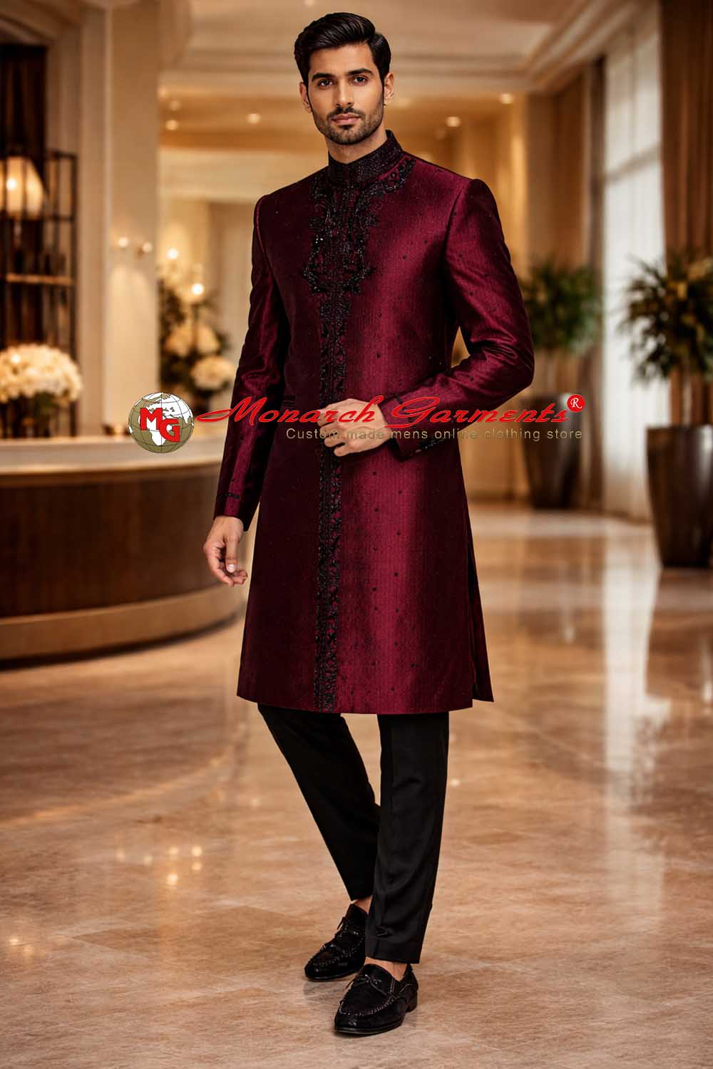 Maroon dupion silk embroidered groom sherwani with black detailing for Indian wedding ceremony by Monarch Garments