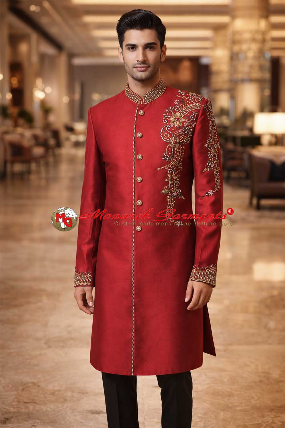 Maroon embroidered Indo western suit for men Nehru collar wedding wear India