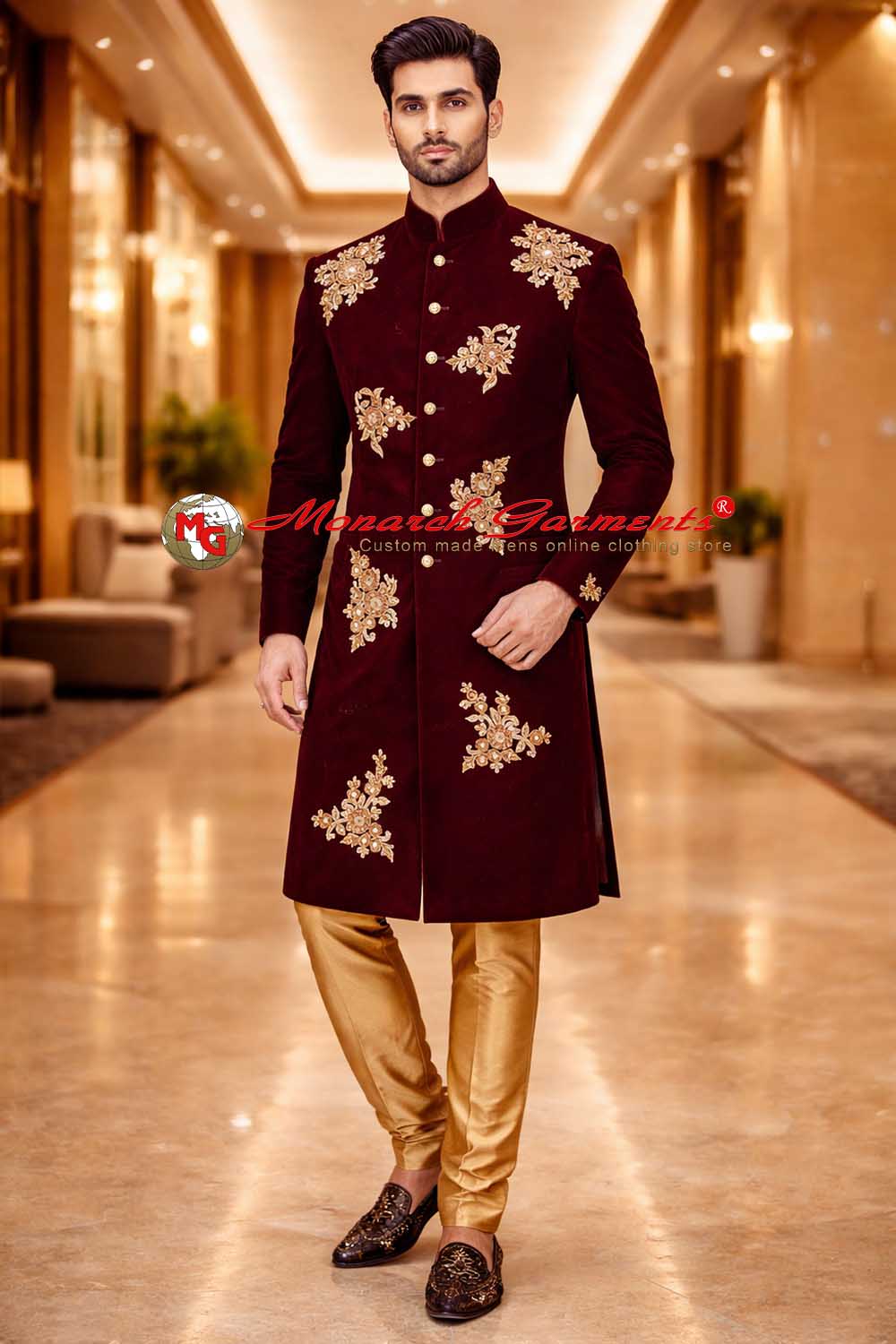 maroon velvet floral embroidered groom sherwani with golden churidar for indian wedding by monarch garments