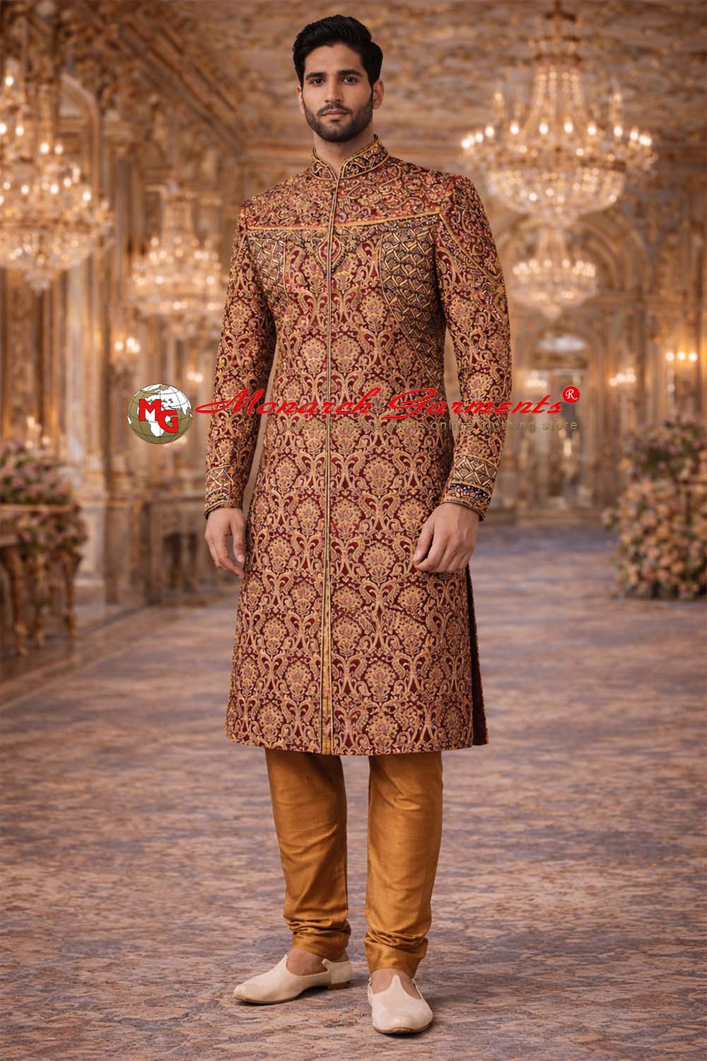 Indian groom wearing maroon and gold embroidered royal wedding sherwani with traditional brocade design by Monarch Garments
