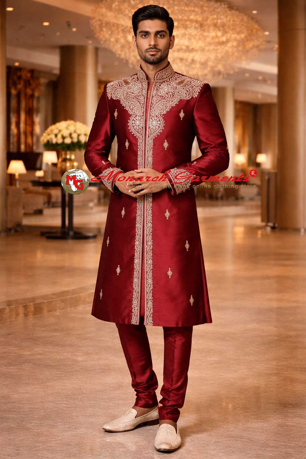 Maroon hand embroidered dupion silk sherwani for groom with chudidar – Monarch Garments