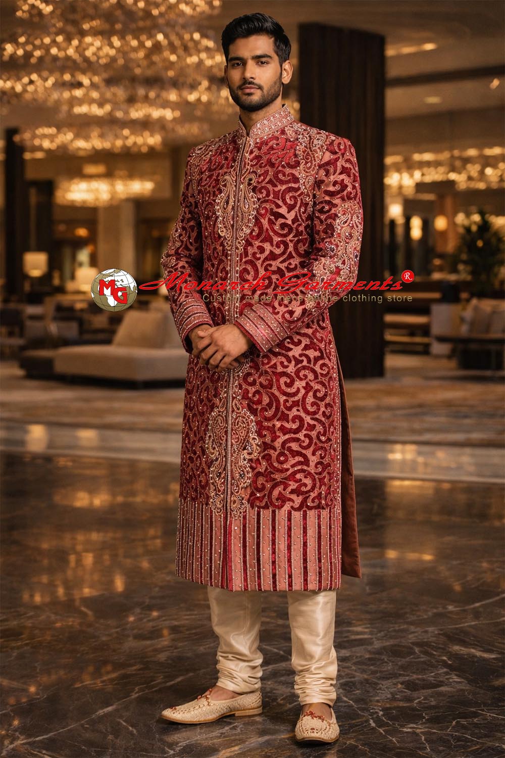 Men’s maroon heavy embroidered dupion silk wedding sherwani with matching chudidar by Monarch Garments