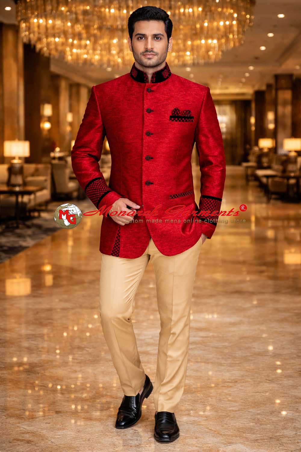 Maroon jute velvet patchwork Jodhpuri suit for men with beige trousers by Monarch Garments, luxury Indian wedding groom outfit