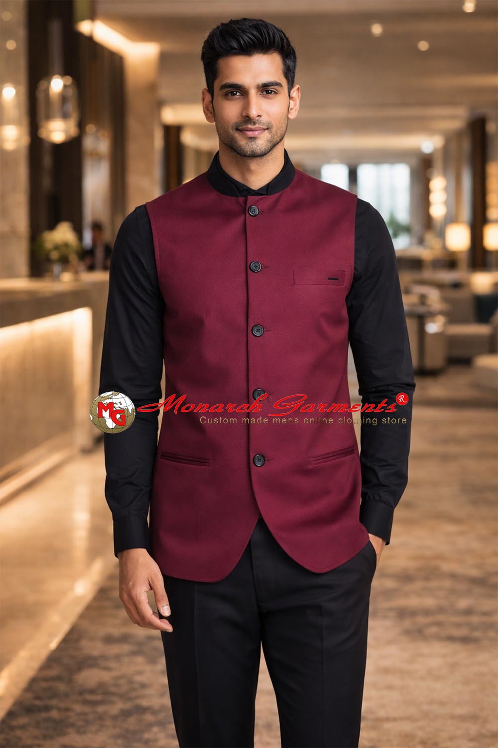 Maroon Nehru vest for men formal tailored fit wedding wear India