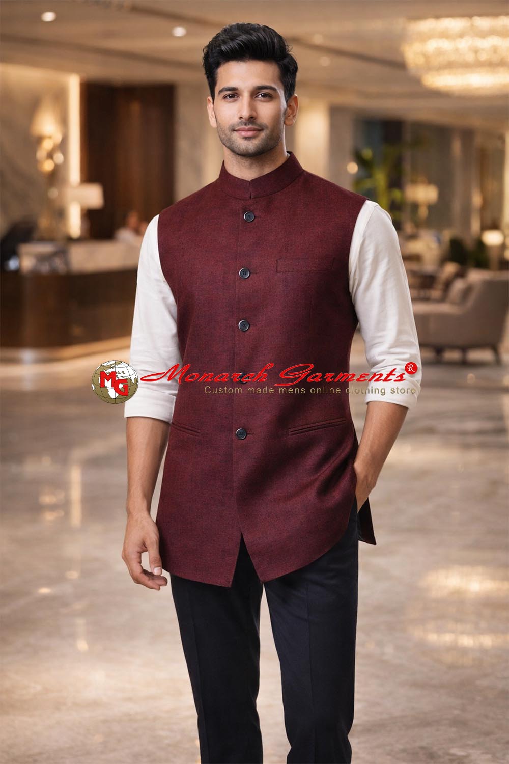 Maroon Nehru vest for men tailored fit premium waistcoat for weddings and formal occasions