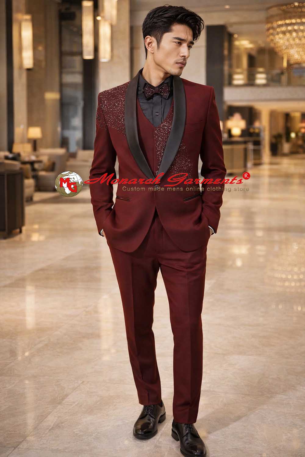 Maroon shawl lapel tuxedo suit for men slim fit wedding and reception wear India