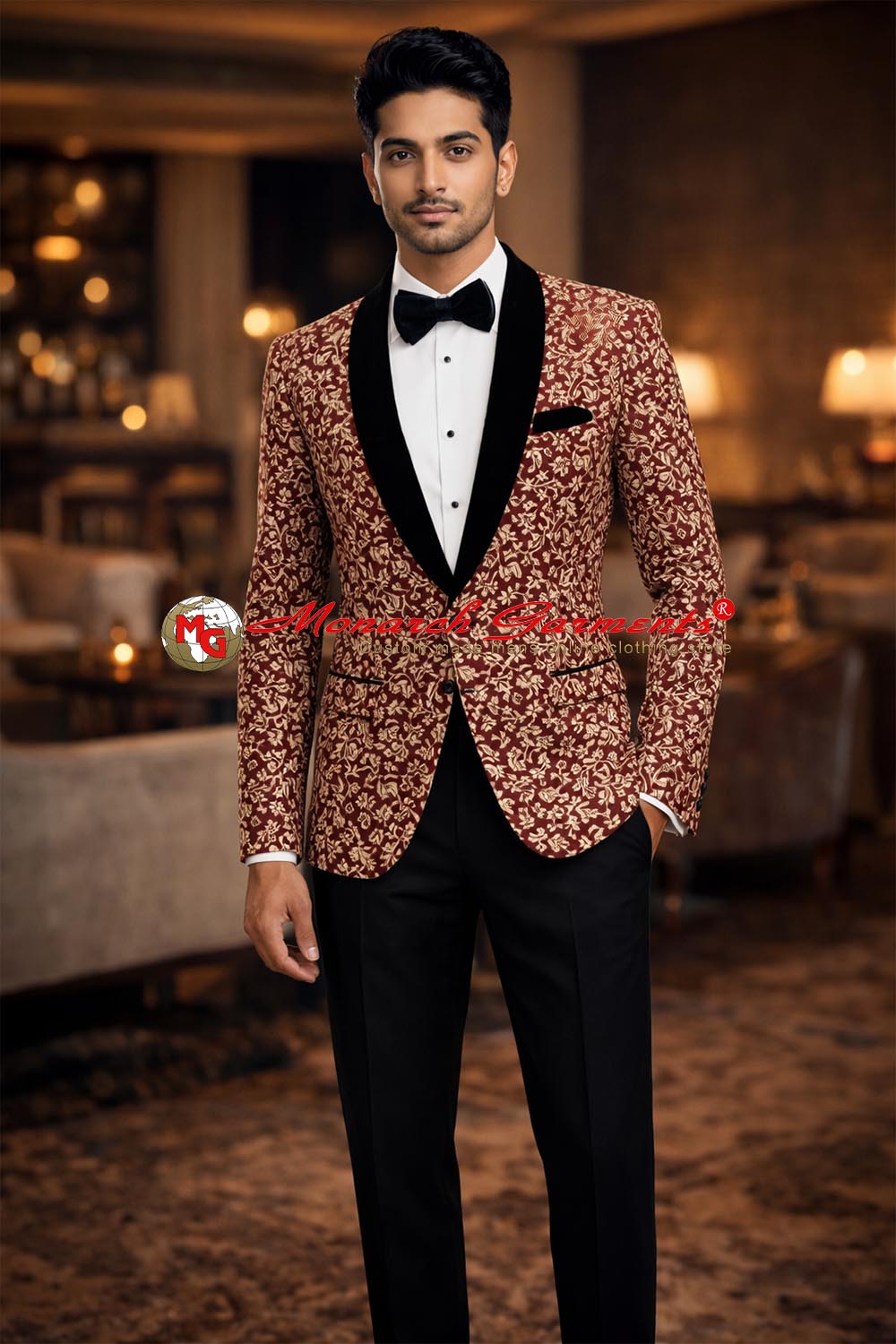 Men's maroon silver zari brocade designer blazer with black satin shawl lapel by Monarch Garments