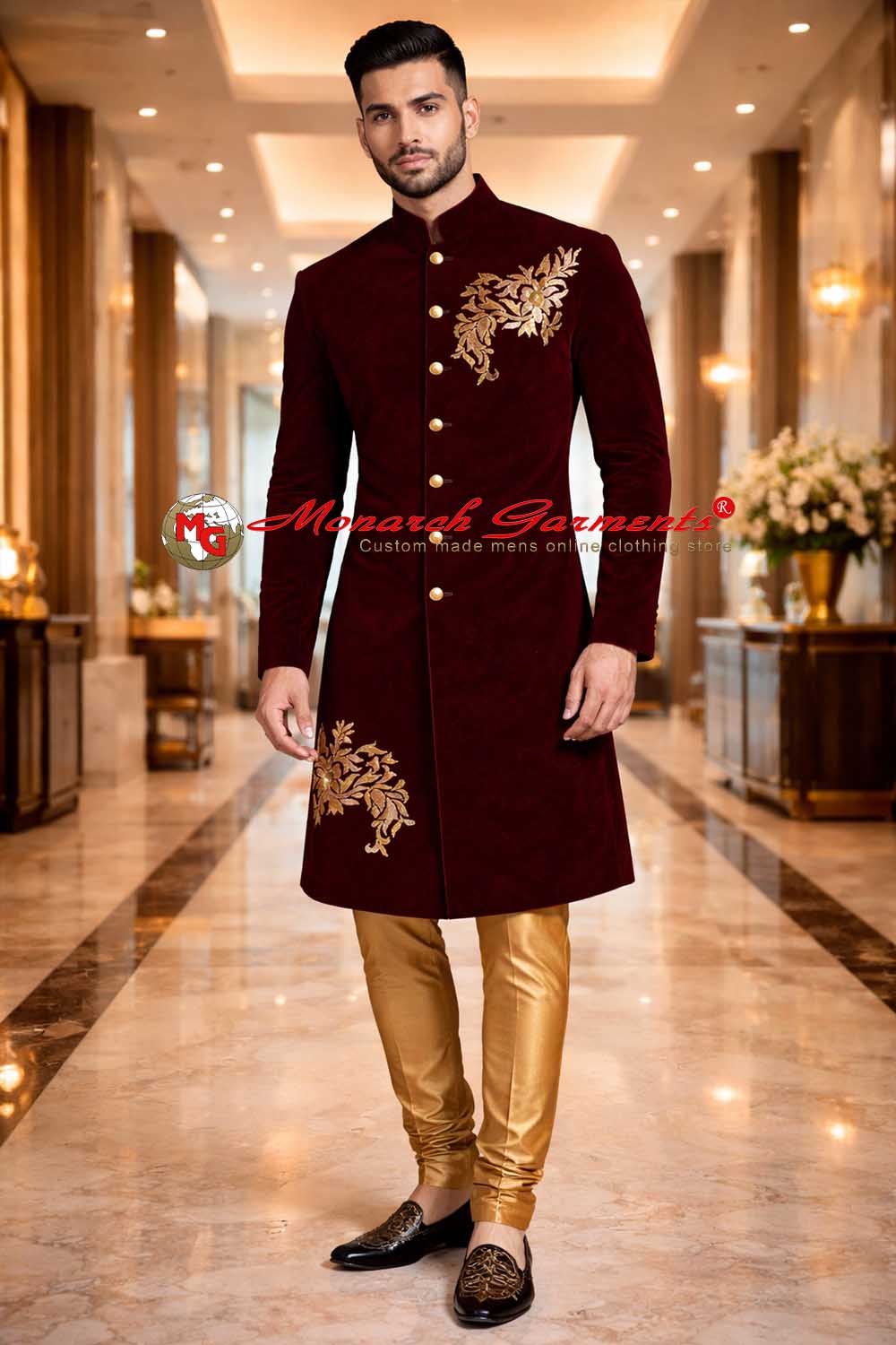 Men’s maroon suede sherwani with golden embroidery and gold chudidar for Indian wedding wear