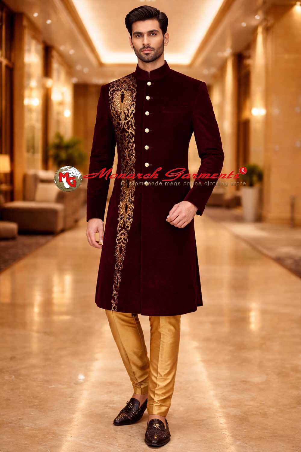 maroon velvet embroidered groom sherwani with golden churidar for indian wedding by monarch garments