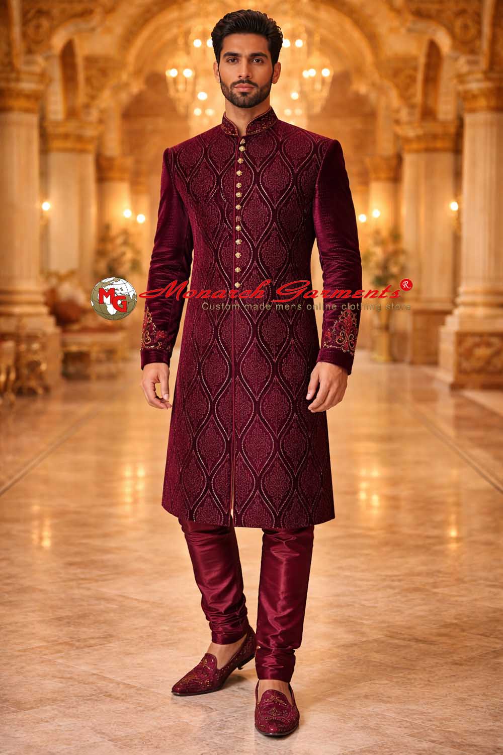 Maroon velvet embroidered sherwani with churidar for groom Indian wedding wear