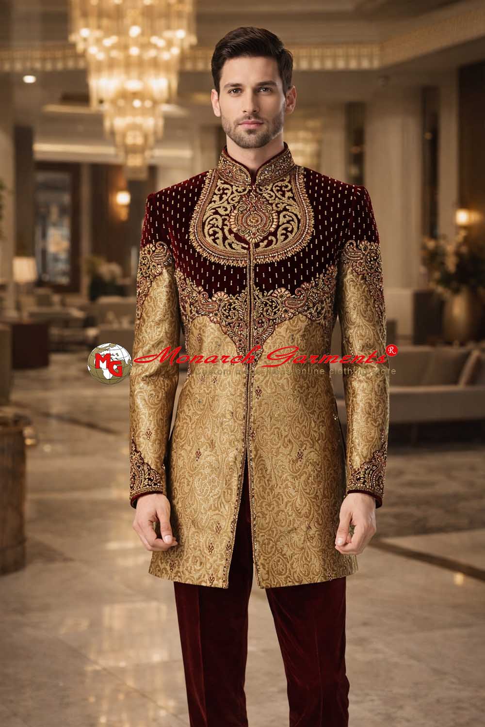 Maroon velvet and gold brocade Indo Western suit for men wedding wear with embroidery