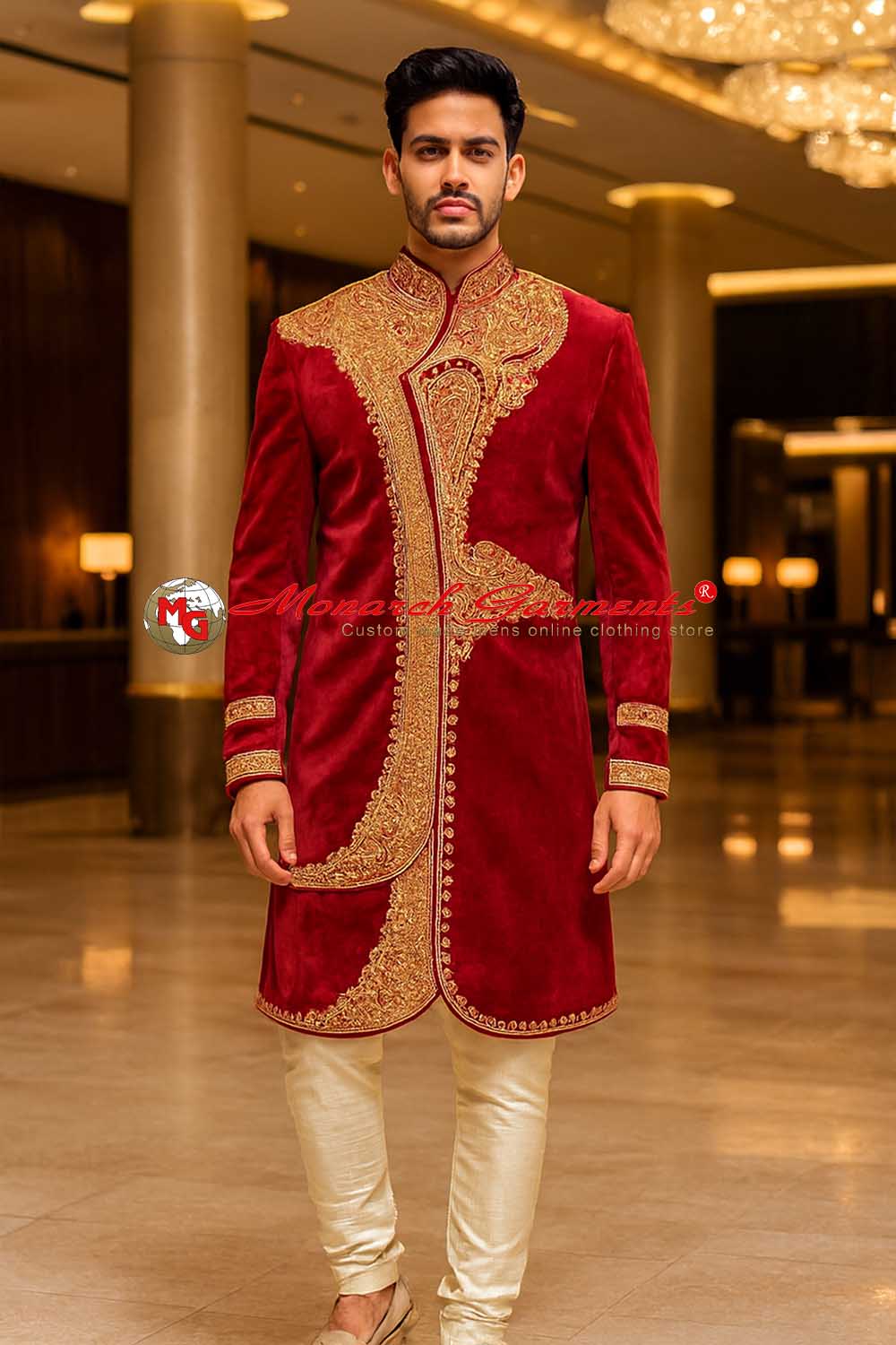 Maroon velvet Indo western sherwani for men with gold embroidery wedding wear