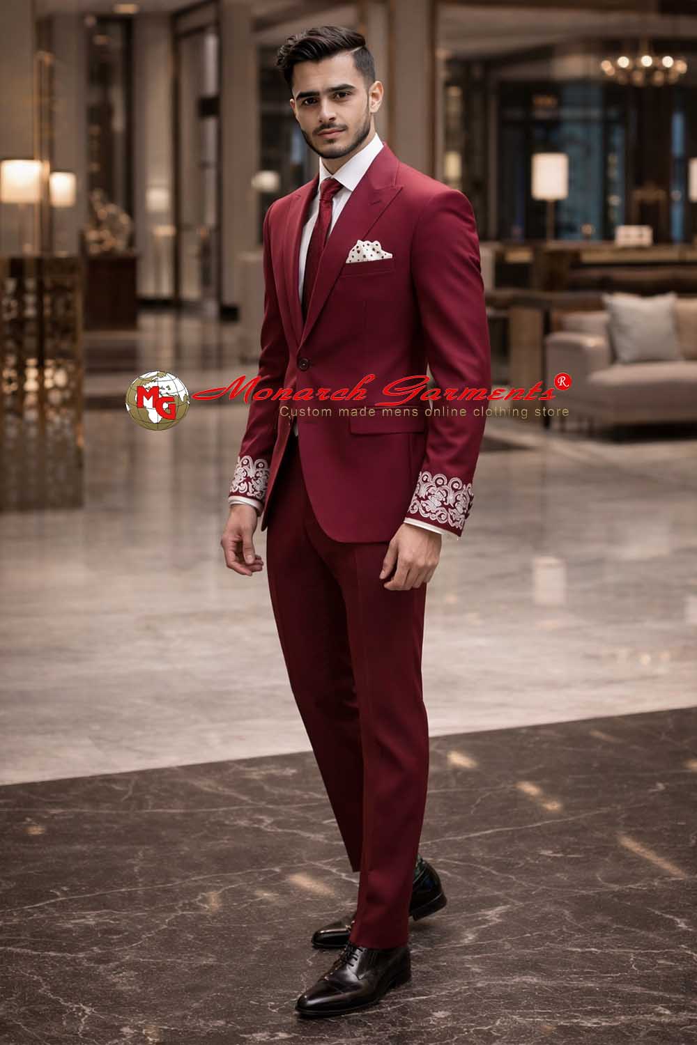 Maroon wine embroidered tuxedo suit for men slim fit wedding wear India