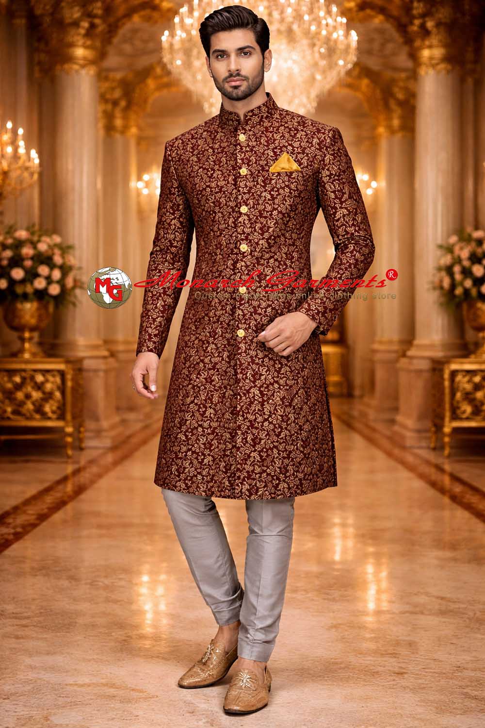 maroon zari brocade groom sherwani with cream churidar and pocket square for indian wedding by monarch garments