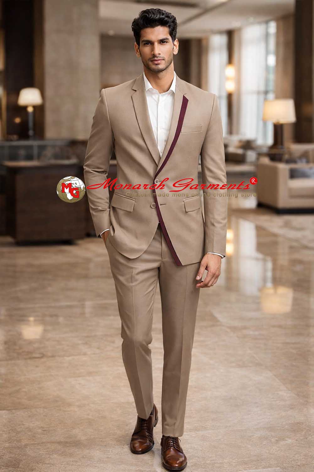 Men’s almond 3 piece suit with contrast lapel trim formal wedding wear for men India