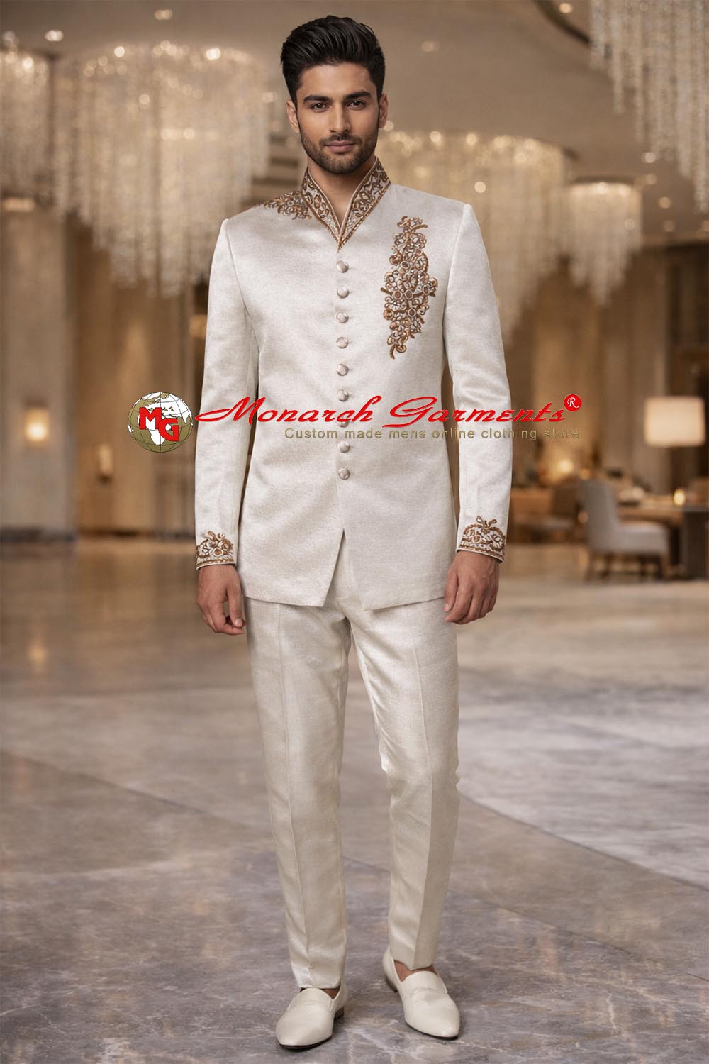 Men’s almond color 2-piece Jodhpuri suit with 9-button high neck jacket and embroidery on collar, chest and cuffs