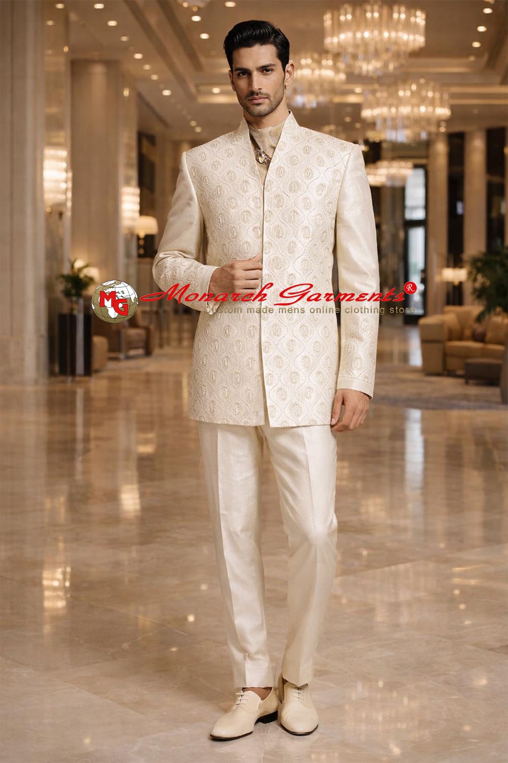 Men’s almond color 4-piece Jodhpuri suit with V-neck concealed button jacket, all-over embroidery and matching trousers