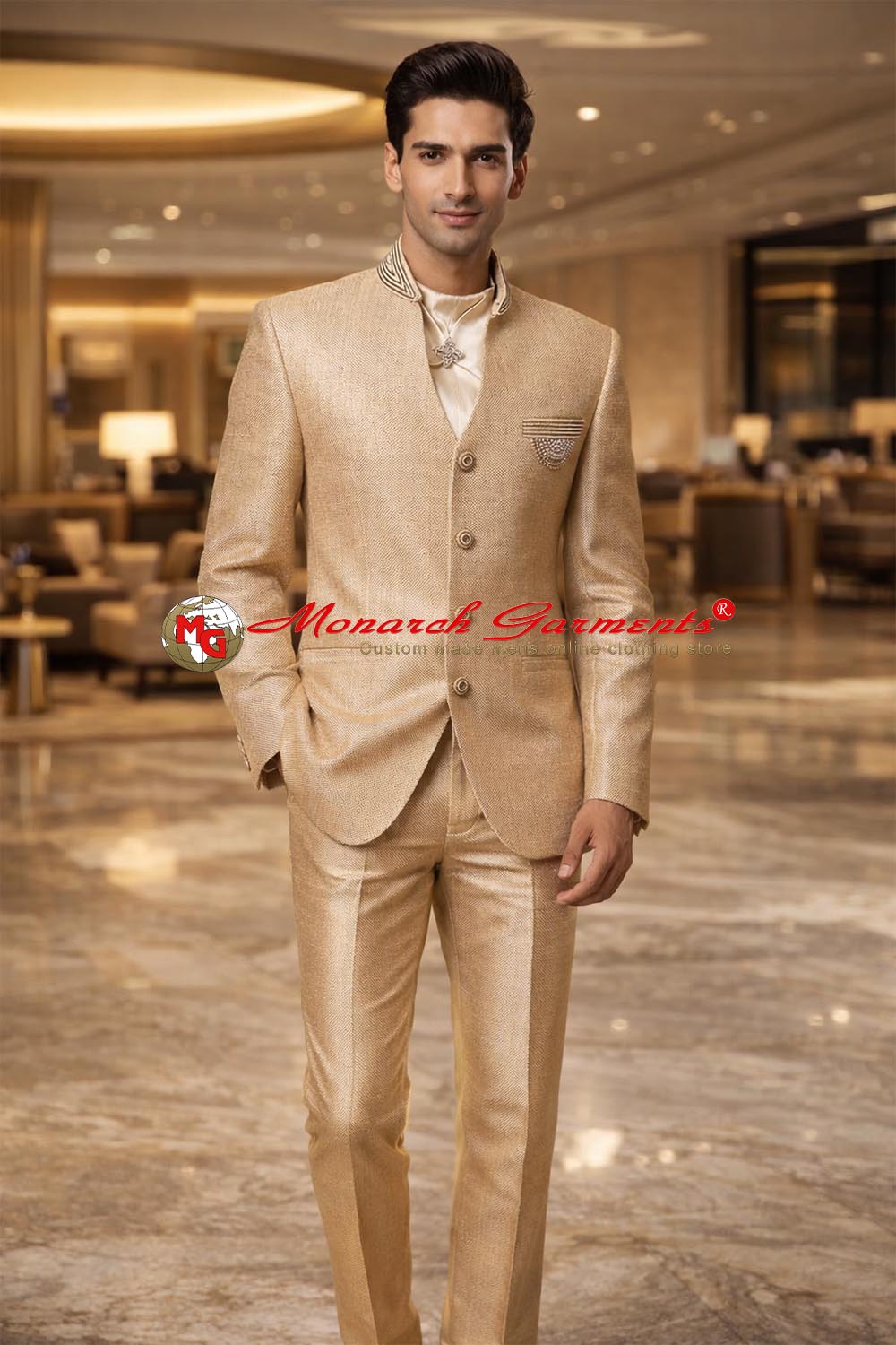 Men’s bisque jute Jodhpuri suit with Nehru collar V-neck design, 3 buttons, embroidery and matching trousers