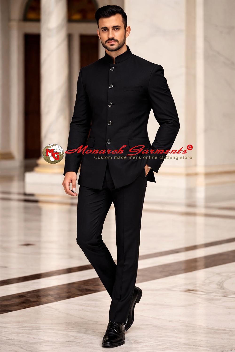 Classic black bandhgala suit for men by Monarch Garments – luxury Indian wedding and formal outfit