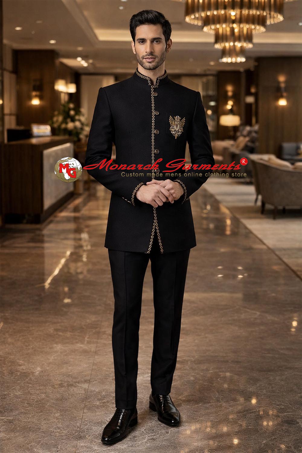 Men’s black 2-piece Jodhpuri suit with 5-button jacket, gold embroidery and decorative trimming with matching trousers