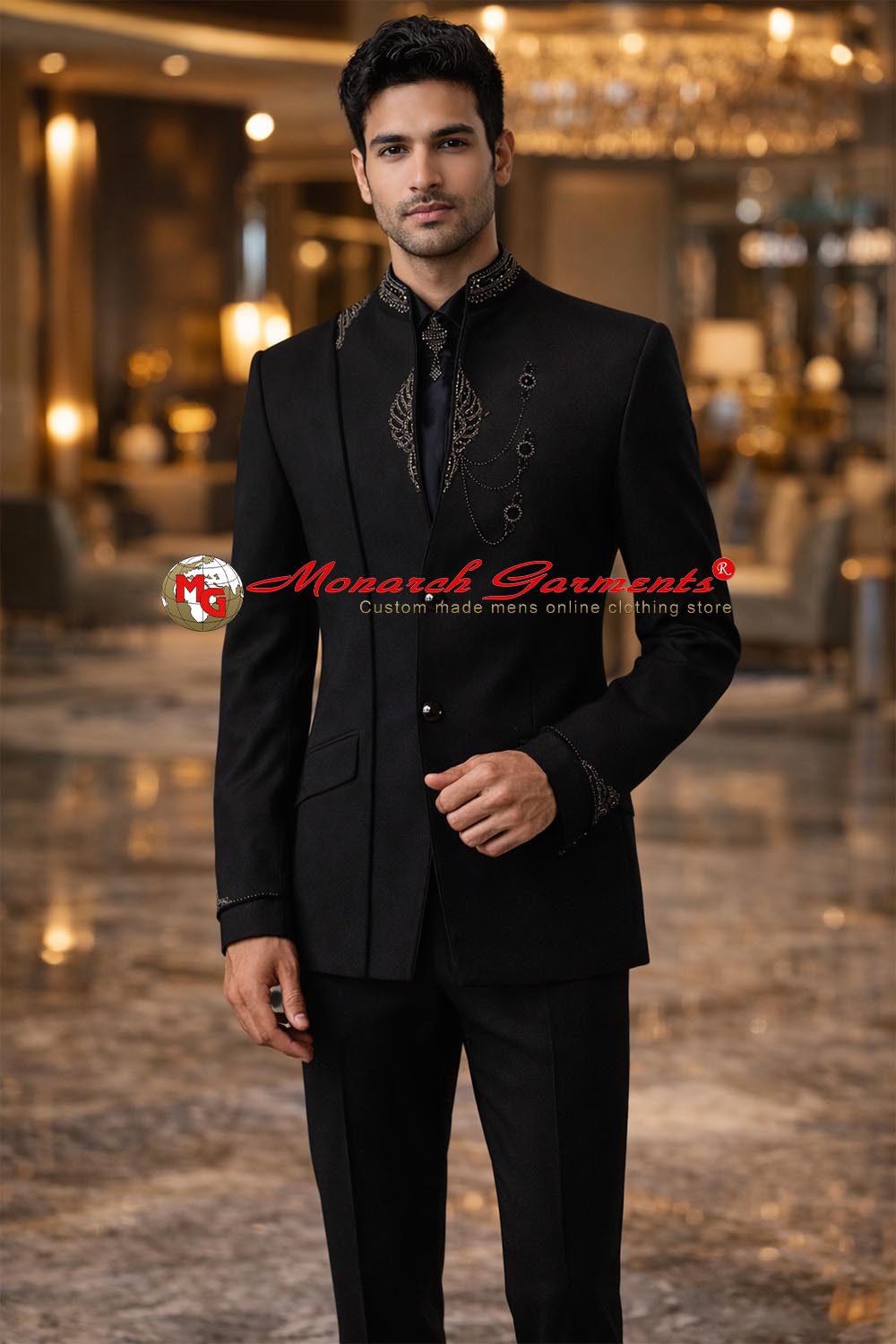 Men’s black 5-piece Jodhpuri suit with hand embroidery, 2-button jacket, tie, brooch and matching trousers