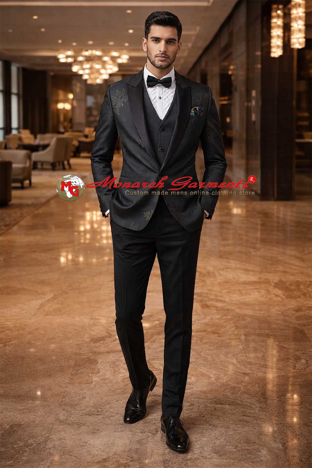 Men's black tuxedo suit with peak lapel and one button formal wedding wear for men India