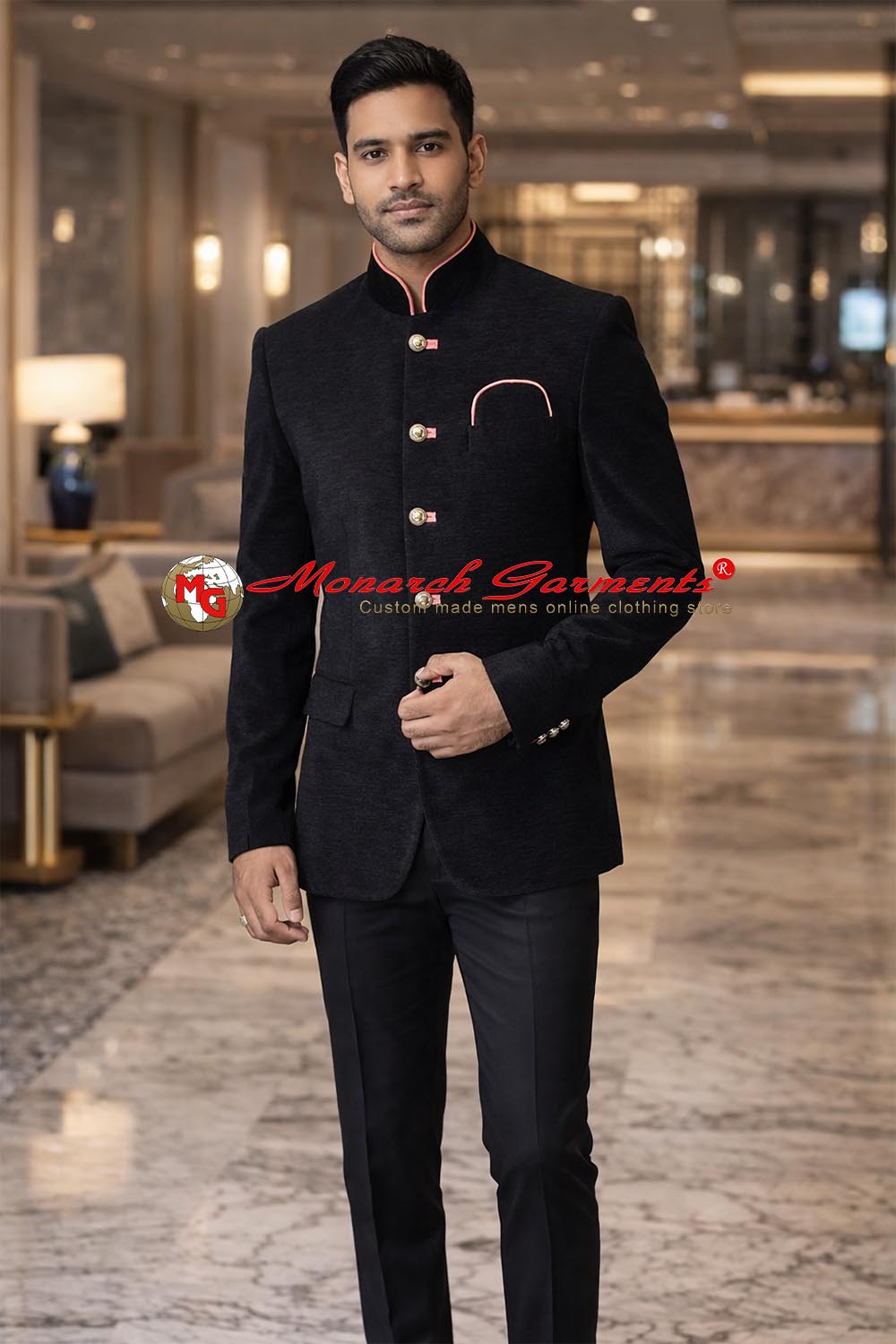 Men’s black velvet 3-piece Jodhpuri suit with pink piping, 5-button jacket, pocket square and matching trousers