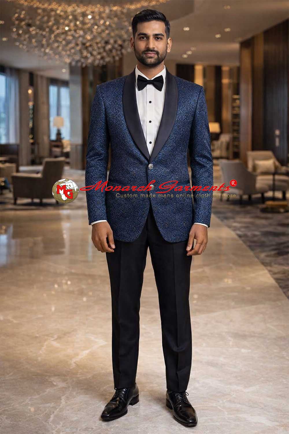 Men’s blue sequin embroidered tuxedo suit with black shawl collar for wedding wear India