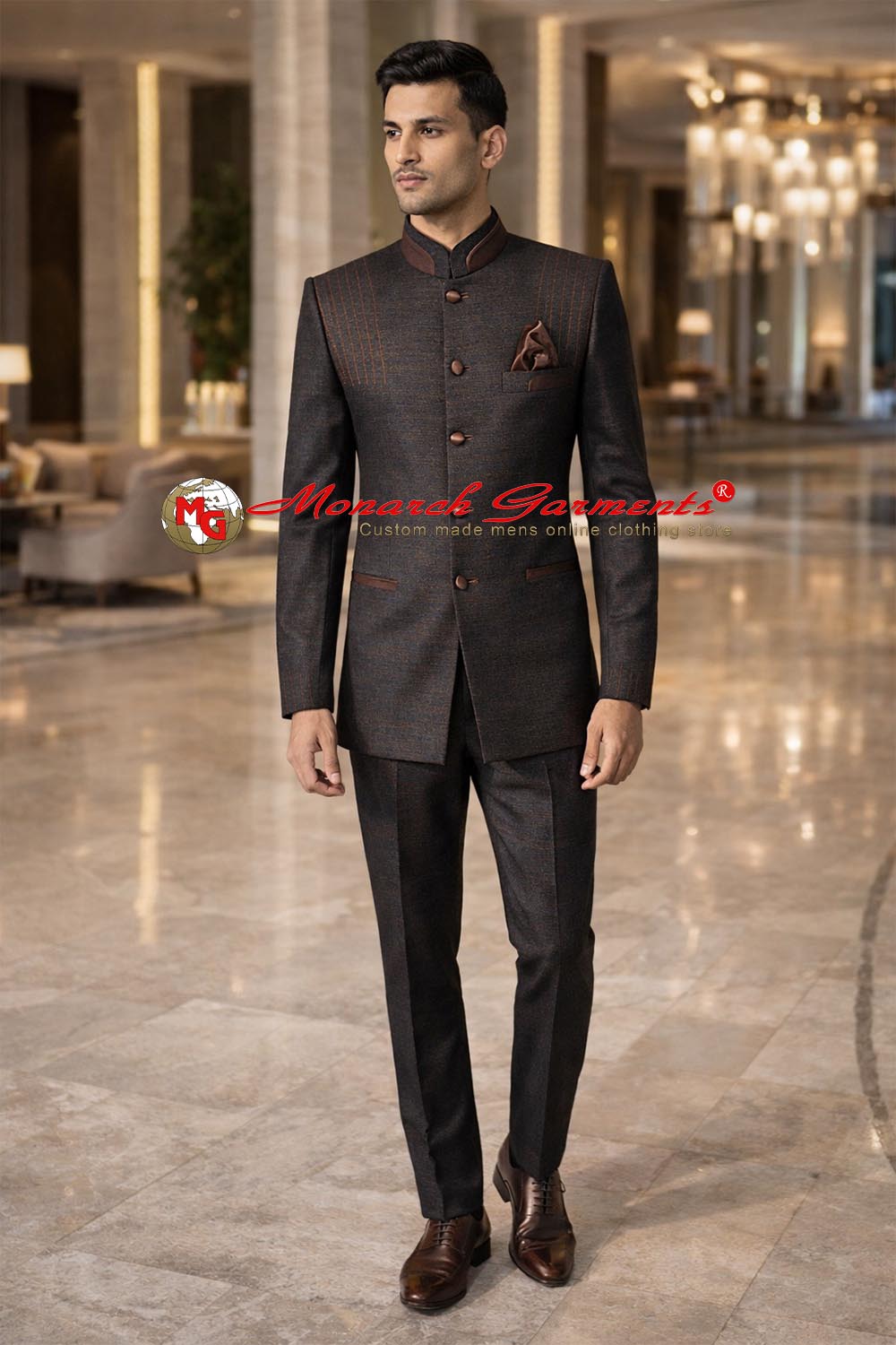 Men’s brown designer Jodhpuri suit with satin detailing, 5 buttons, textured shoulders and matching trousers