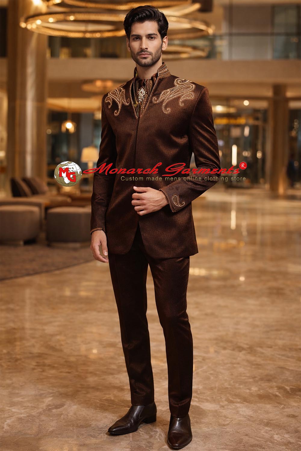 Men's brown embroidered concealed button tuxedo suit with scarf and trousers for wedding and reception wear India