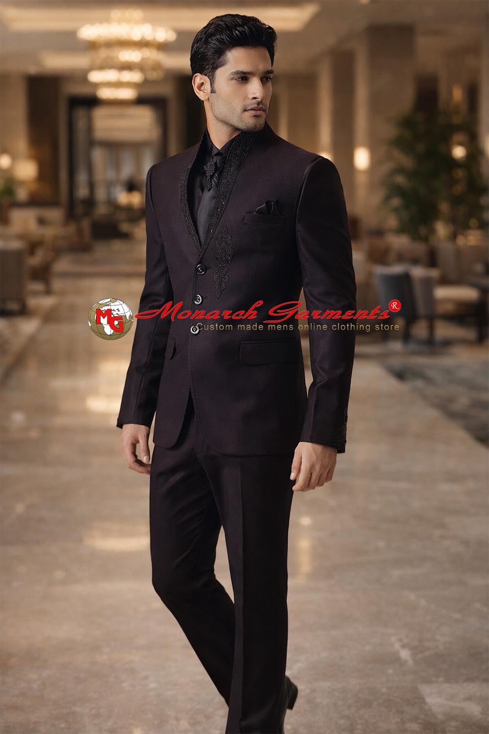 Men’s brown 6-piece Jodhpuri suit with 3-button jacket, hand embroidery, tie, brooch, pocket square and matching trousers