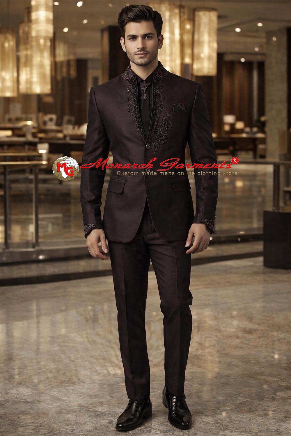 Men’s brown 6-piece Jodhpuri suit with hand embroidery, 3-button jacket, tie, brooch, pocket square and matching trousers