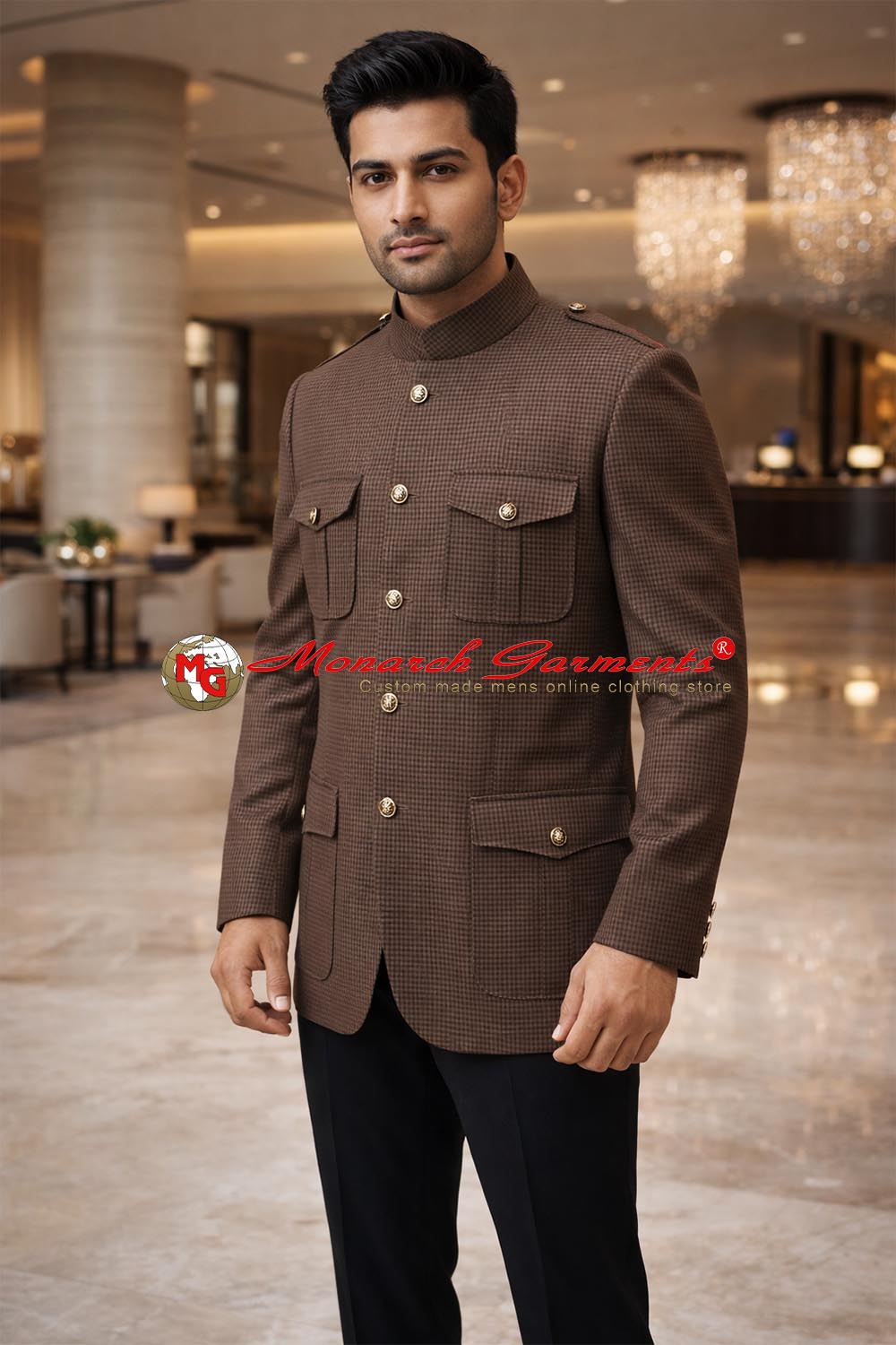 Men’s brown safari style Jodhpuri suit with 4 pockets, shoulder epaulettes, and black trousers