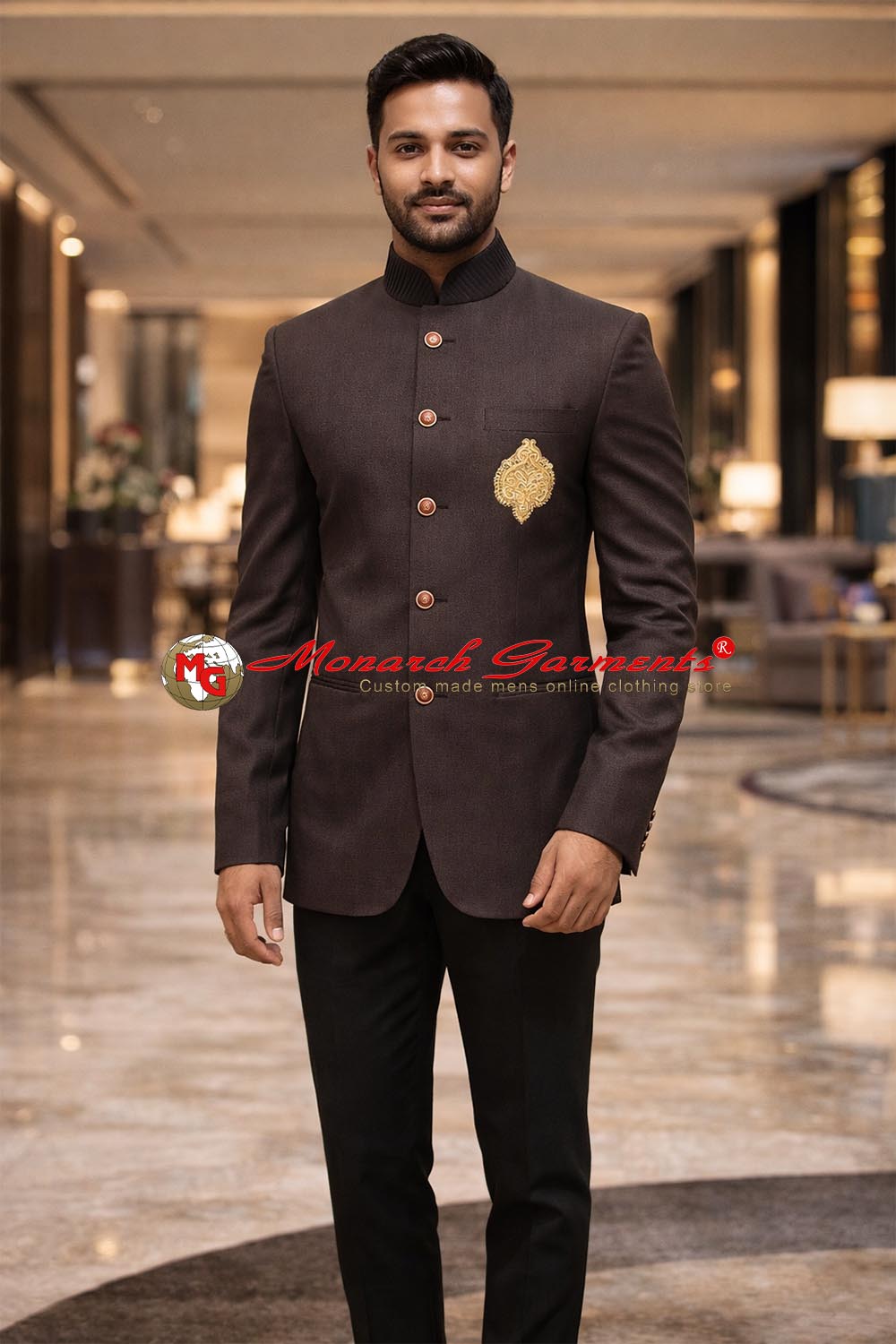 Men’s brown self-design Jodhpuri suit with 5 golden buttons, bandhgala collar and black trousers
