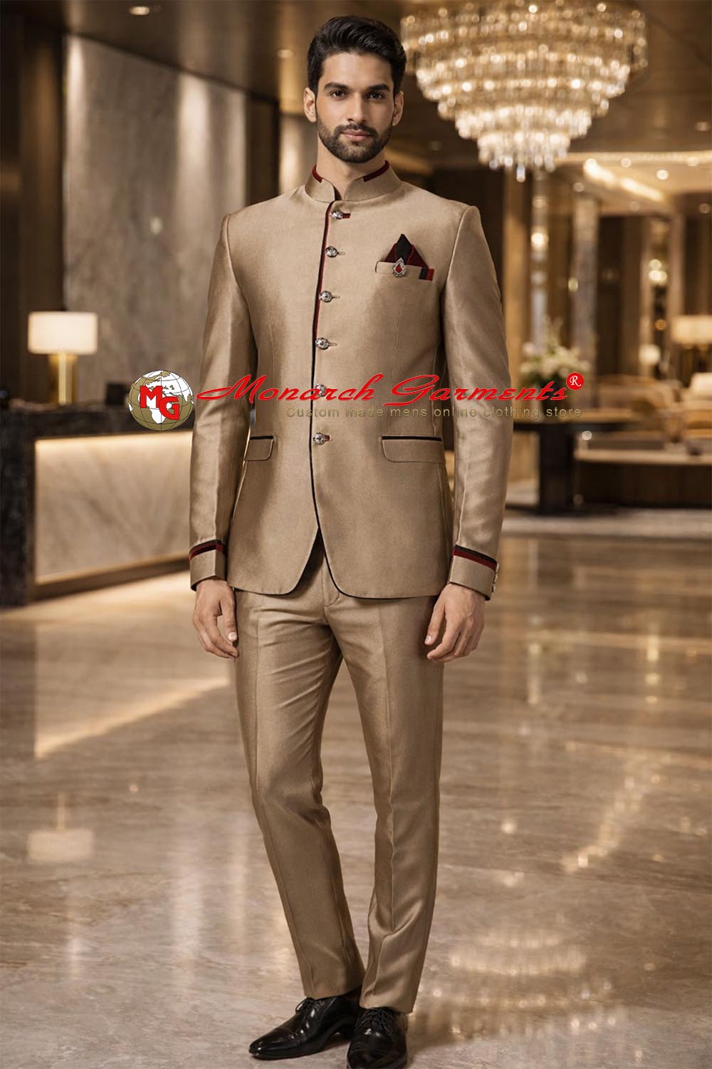 Men’s copper color 4-piece Jodhpuri suit with maroon velvet trim, brooch, pocket square and matching trousers