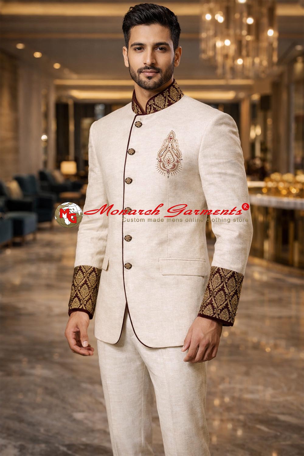 Men’s cream linen Jodhpuri suit with brocade collar and cuffs, 5-button bandhgala jacket and matching trousers