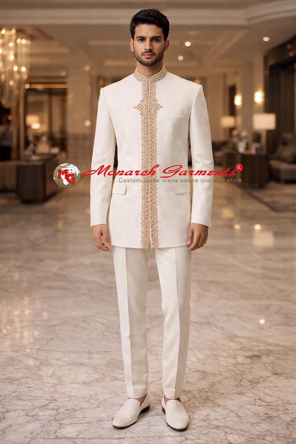 Men’s cream 2-piece Jodhpuri suit with concealed buttons and embroidery on neck and front with matching trousers