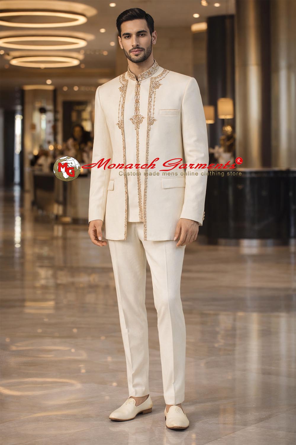 Men’s cream heavy embroidered 3-piece Jodhpuri suit with Nehru collar vest, front edge embroidery jacket and matching trousers