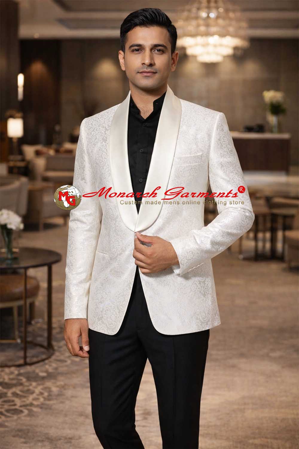 Men’s cream jacquard tuxedo suit with shawl lapel formal wedding wear for men India
