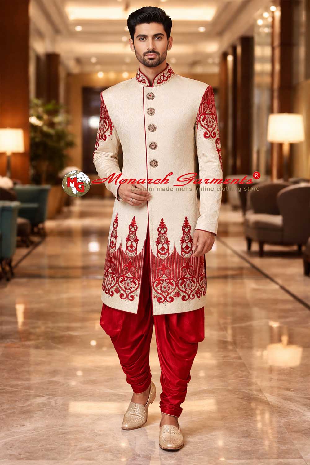 Men’s cream and red embroidered Jodhpuri sherwani with intricate traditional motifs and red dhoti-style bottom