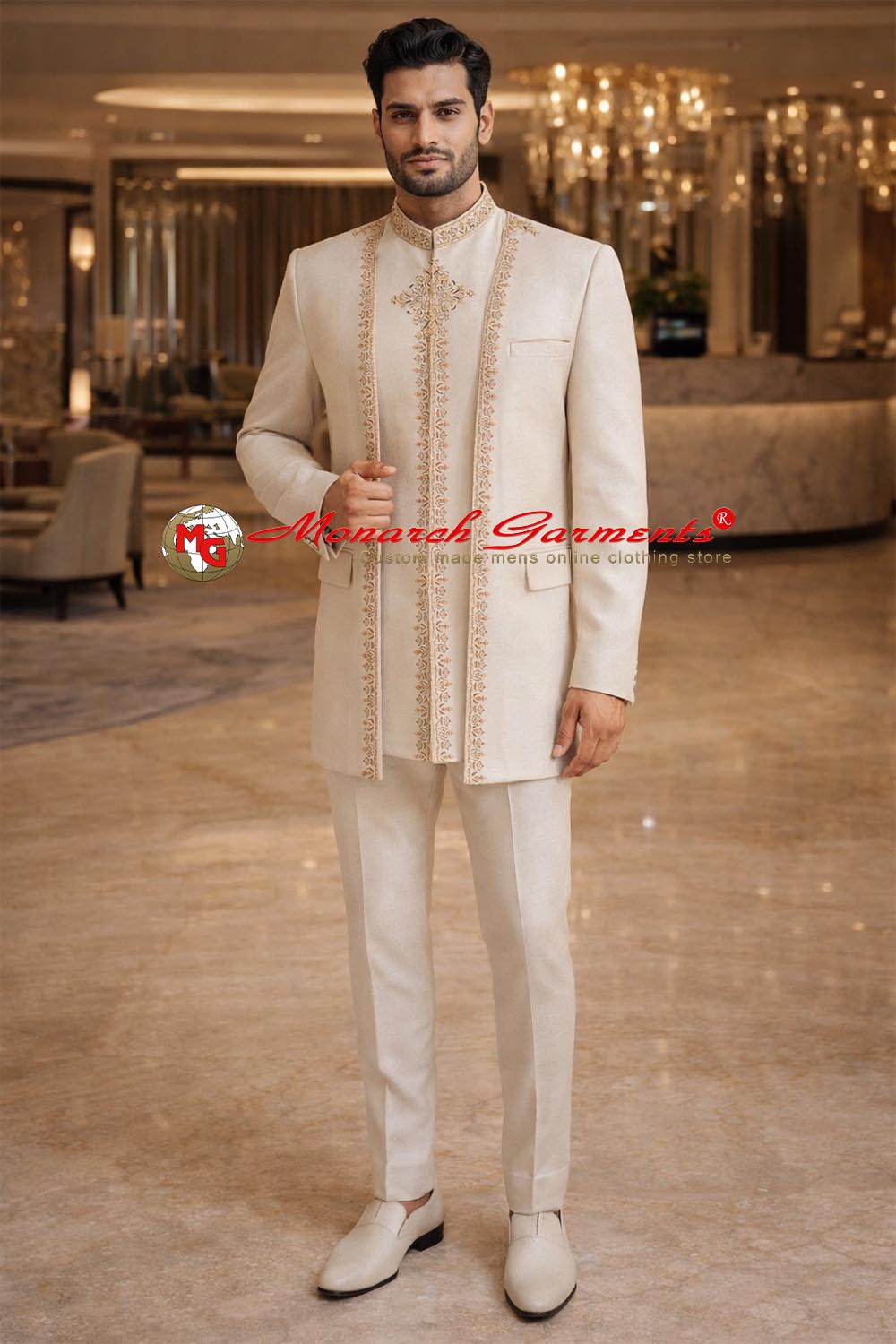 Men’s cream traditional 3-piece Jodhpuri suit with embroidered vest, front edge embroidery jacket and matching trousers