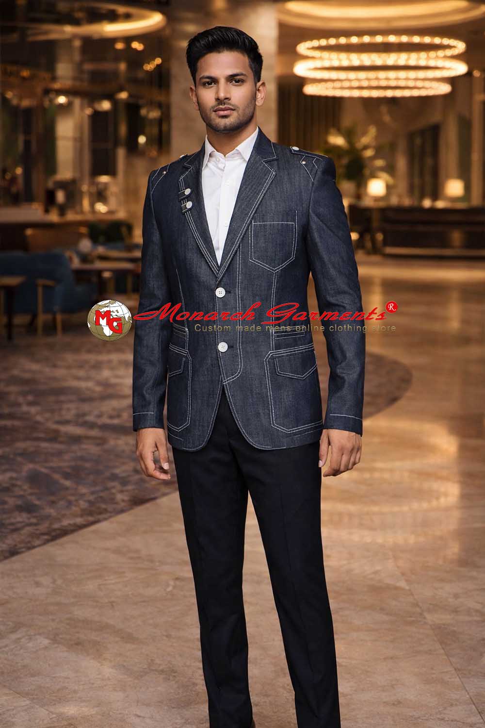 Men’s dark grey cotton designer blazer with contrast stitching and notch lapel for stylish formal wear India