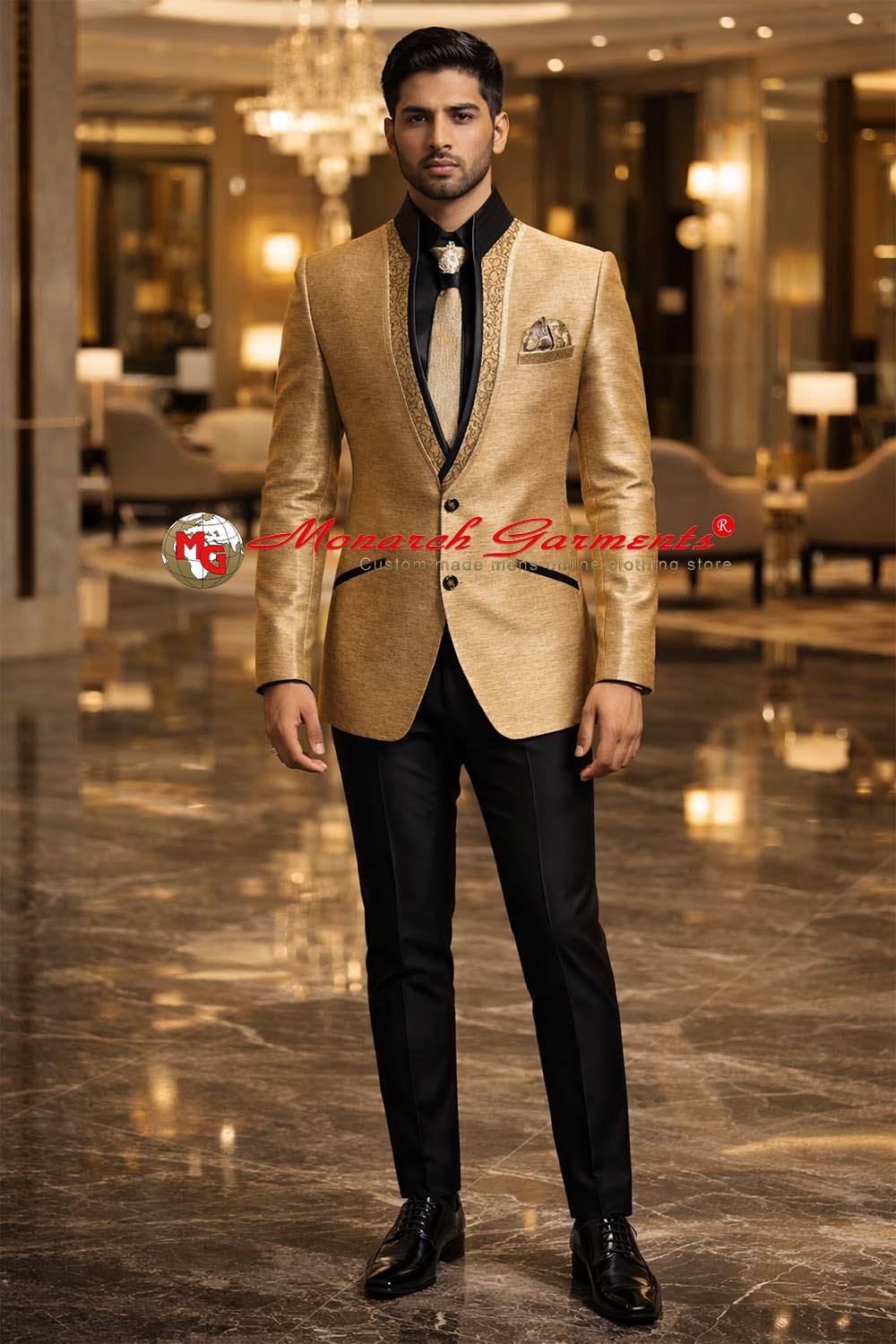 Men wearing a golden tuxedo jacket with black trouser, shirt, tie, brooch and pocket square for wedding and reception wear