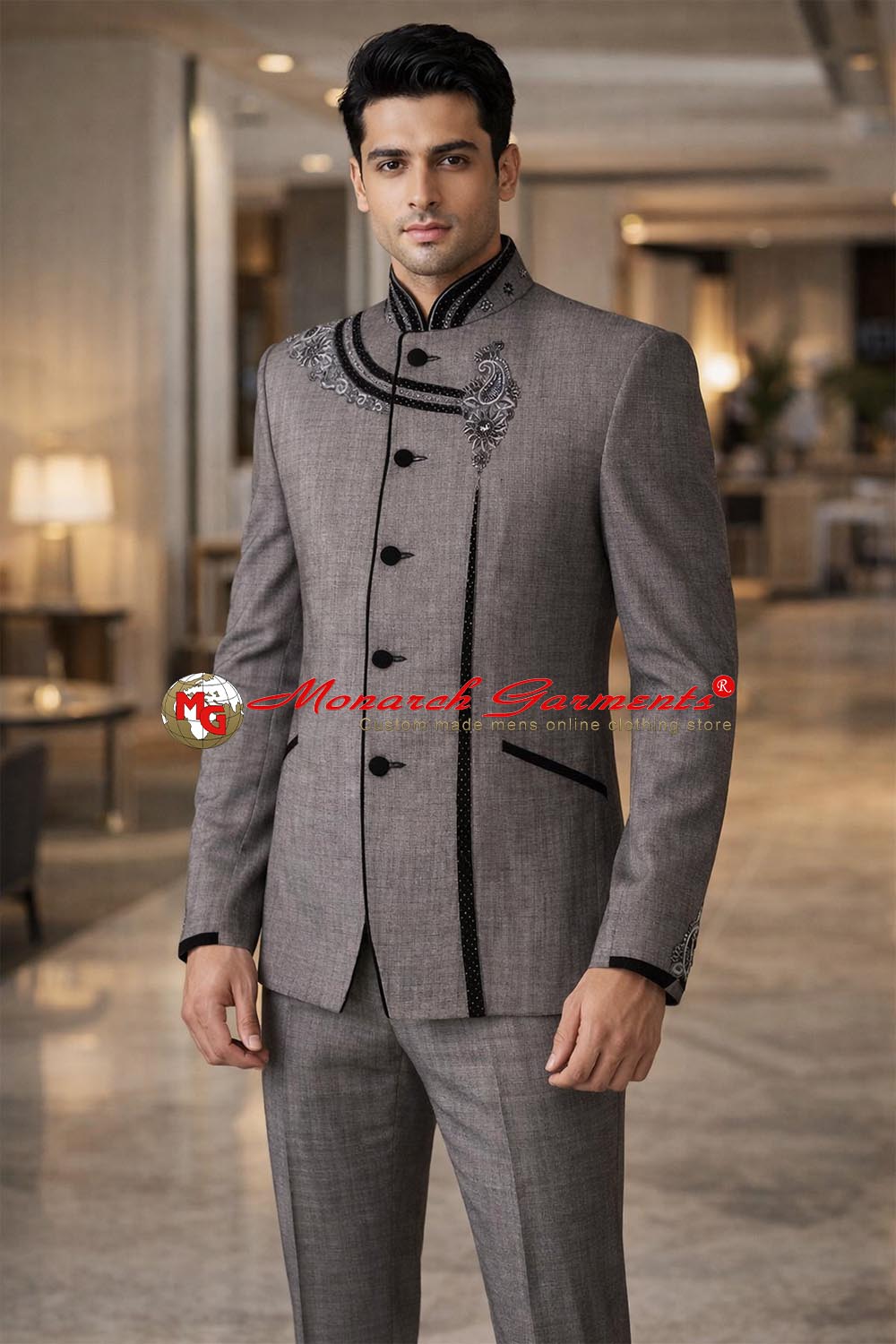 Men’s grey 2-piece groom Jodhpuri suit with hand embroidery, 5-button jacket and matching trousers