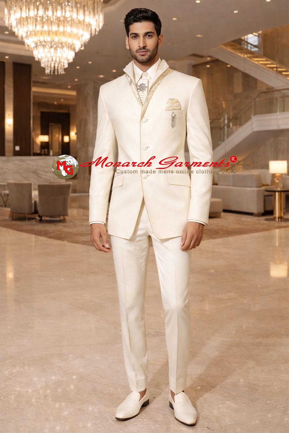 Men's ivory high collar three button tuxedo suit with trousers for wedding and reception wear India