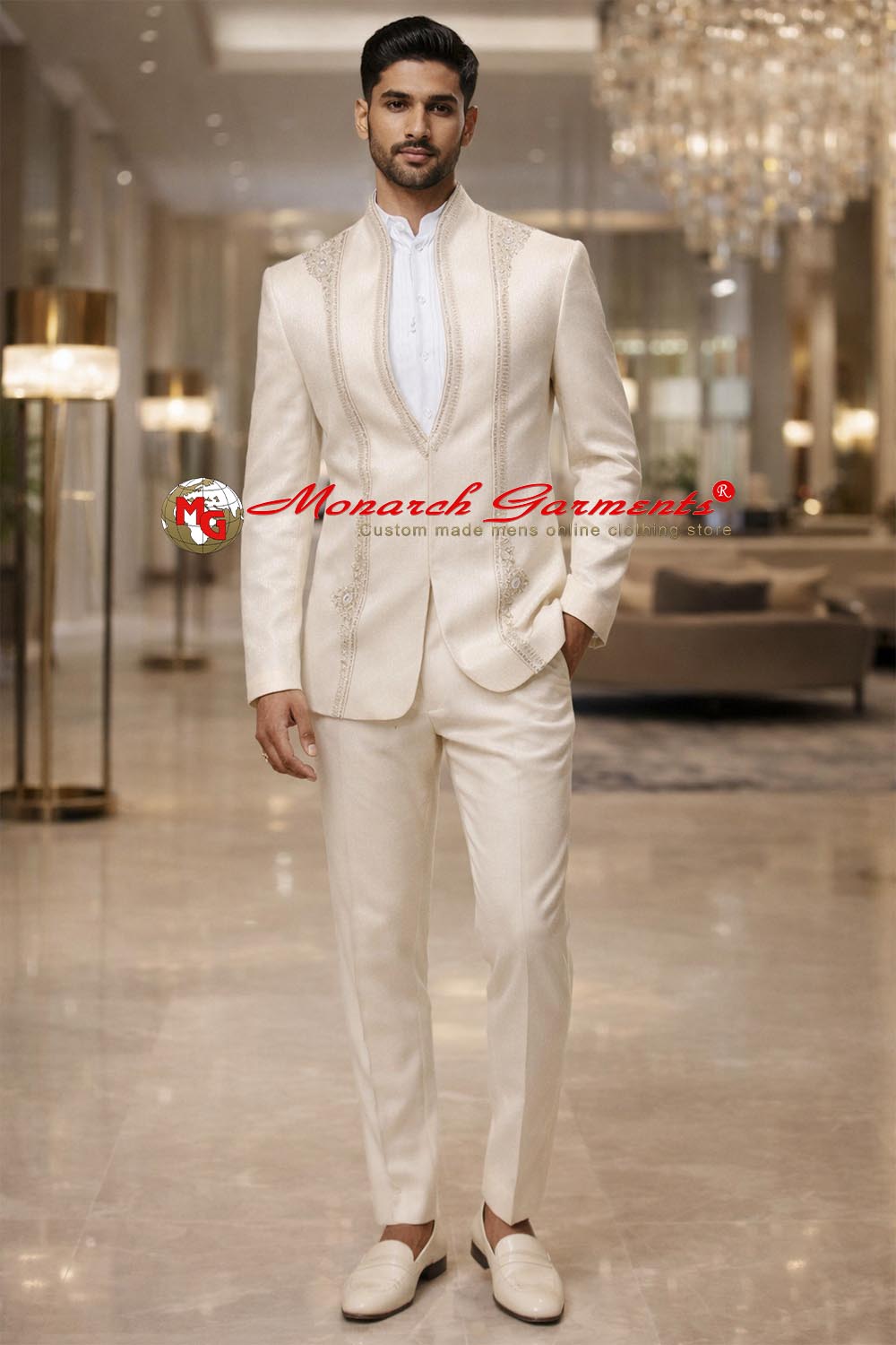 Men’s ivory high neck front open Jodhpuri suit with embroidery on collar and front, paired with trousers and shirt