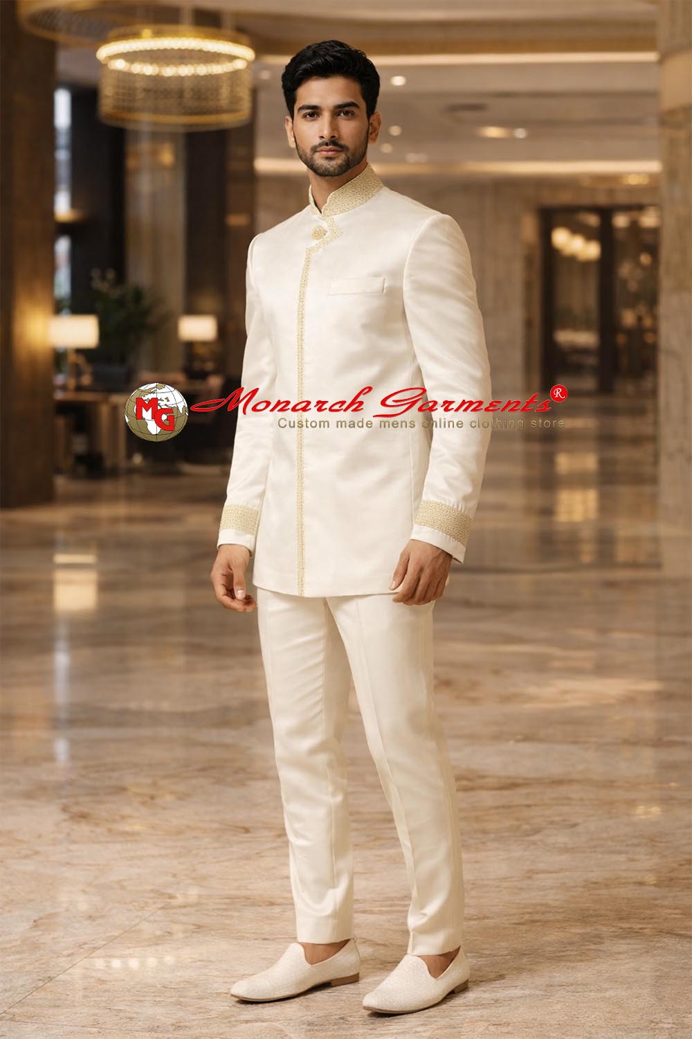 Men’s ivory silk 3-piece Jodhpuri suit with concealed buttons, royal embroidery on collar and front, and matching trousers